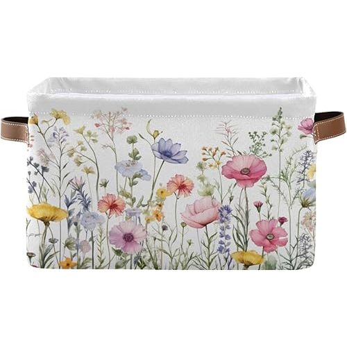 Herbal Wildflowers Storage Basket 1pc, Large Collapsible Toys Clothes Organizer, Durable Canvas Storage Bin with Handle for Shelves Closet Laundry Home Office Decor