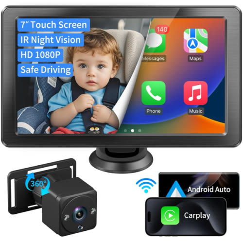 7" HD Touchscreen Baby Car Camera - Car Baby Monitor with Apple CarPlay, 1080p Ultra Night Vision, Invisible Infrared Lights, 150° Wide Angle, Easy Installation, Fits Most Cars