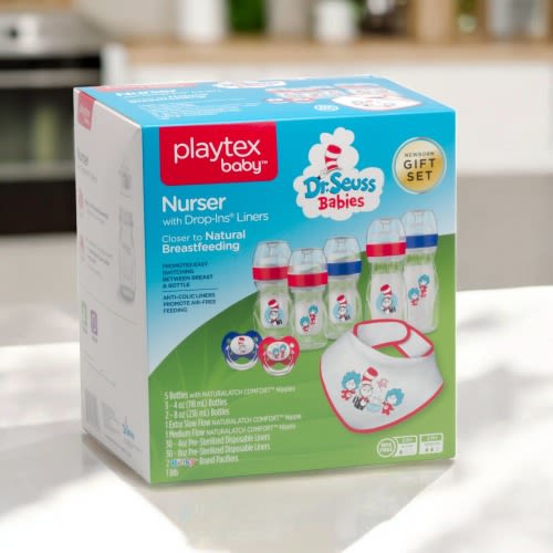 Playtex Dr. Seuss Baby Shower Gift Set – Anti-Colic Nurser Bottles, Pacifiers, Bib & Liners