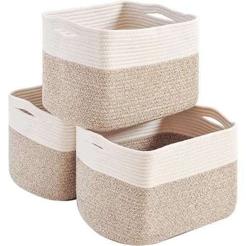 Storage Baskets for Organizing, Woven Storage Baskets for Shelves, Toy Storage Baskets for Kid's Room, Towel Baskets for Bathroom Nursery, 14.8"×11"×9.5", Pack of 3, Off White & Brown