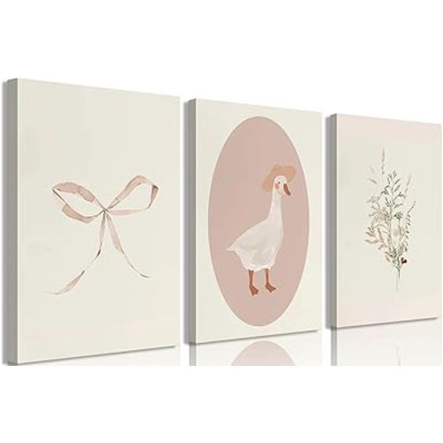 3Pcs Girls Nursery Canvas Wall Art Vintage Goose Wall Decor Pictures Pink Bow Poster Prints Kids Room Painting Artwork for Girls Room Bedroom Living Room Home Decoration,12x16in