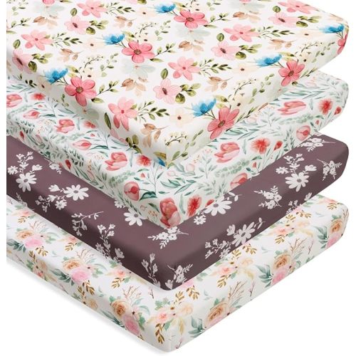 4 Pack Baby Girl Pack N Play Mini Crib Sheets Set Soft Fitted Floral Theme Baby Girl Mattress Covers Breathable Toddler Bed Sheets for Infant or Newborn(Flower, Pack N Play Mini Crib Sheets)