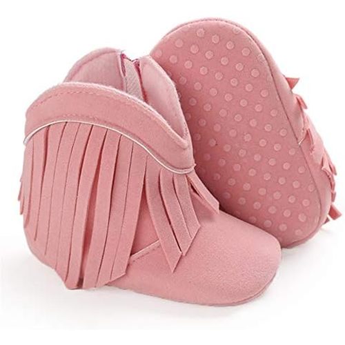 SOFMUO Baby Girls Cowboy Tassel Boots with Side Zipper Moccasins Non Slip Infant Booties Suede Toddler First Walker Shoes
