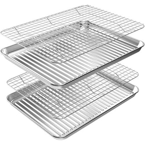 ROTTAY Baking Sheet with Rack Set (2 Pans + 2 Racks), Stainless Steel Cookie Sheet with Cooling Rack, Nonstick Baking Pan, Warp Resistant & Heavy Duty & Rust Free, Size 16 x 12 x 1 Inches