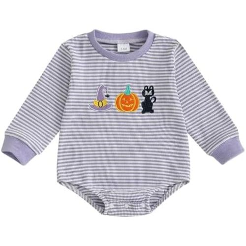 Newborn Baby Boy Girl Halloween Outfit Pumpkin Ghost Embroidery Romper Infant Onesie My First Hallween Baby Outfit
