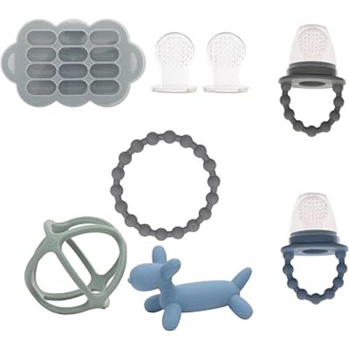 WeeSprout Silicone Food Feeders & Teether Set Bundle - Including Freezer Tray - Handheld Teethers - Blue & Grey