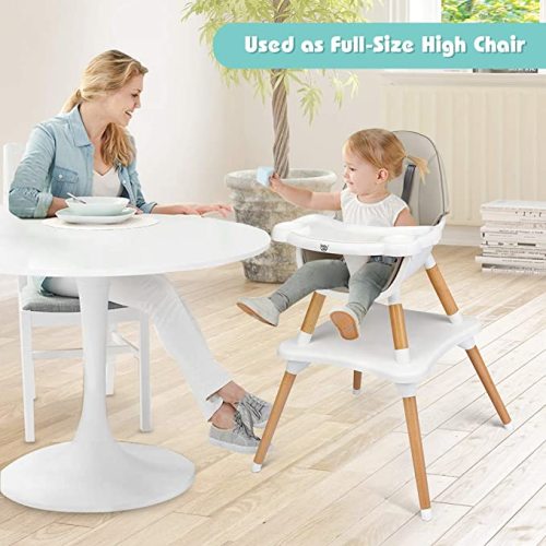 BABY JOY 5 in 1 High Chair, Convertible High Chairs for Babies and Toddlers/Booster Seat/Table and Chair Set, Infant Wooden Highchair w/ 5-Point Harness, 4-Position Removable Tray & PU Cushion, Gray - Grey & White