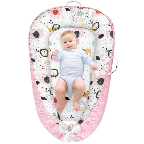 Baby Lounger - Baby Lounger For Newborn, Breathable & Soft Baby Nest Cover Co Sleeping for baby 0-24 Months, Babies Essentials Gifts, Portable Infant Lounger Baby Floor Seat for Home and Travel - Pink Elephant