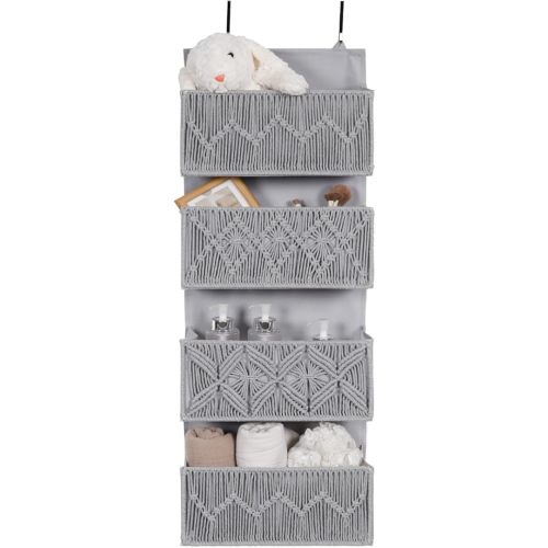 Macrame Over the Door Organizer Boho Decor Nursery Storage, Leaf Weaving Closet Storage, 4 Hanging Pockets, Behind Door for Bathroom, Bedroom,Grey