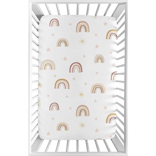 Sweet Jojo Designs Boho Rainbow Girl Fitted Mini Crib Sheet Baby Nursery for Portable Crib Pack Play - Blush Pink Dusty Rose Gold Yellow Mauve Taupe Beige Tan Bohemian Stars Sun Celestial Vintage Sky
