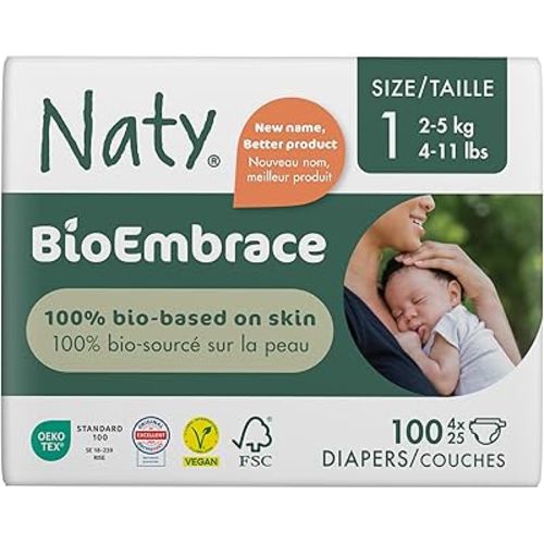 Naty BioEmbrace Baby Newborn Diapers Size 1 (4–11 lbs) | 100% Biobased on Skin | Plant-Based Softness | Dermatologically Tested, Super Absorbent | 100 Count