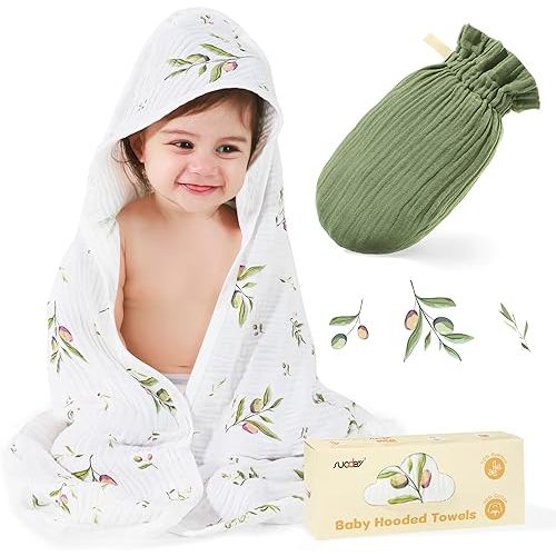 SUOSDEY Muslin Hooded Baby Towels for Newborn Infant Toddler, 70% Viscose from Bamboo 30% Cotton,Soft Baby Bath Towel with Hood Highly Absorbent and Newborn Essential,28 X 28 Inch
