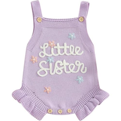 Newborn Baby Girl Sweater Romper Little Sister Matching Outfit Floral Ruffle Sleeveless Knit One Piece Jumpsuit
