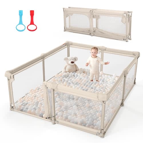 Baby Playpen,79"x59" Foldable Playpen for Babies and Toddlers with Gate,Large Play Pen with Zipper Door,Baby Play Pen Play Area(Khaki)