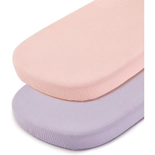 TILLYOU Muslin Bassinet Sheets Girls Boys, 100% Cotton Bassinet Sheets, Fit Oval, Rectangle and Square Mattress, 2 Pack,Light Purple&Light Pink