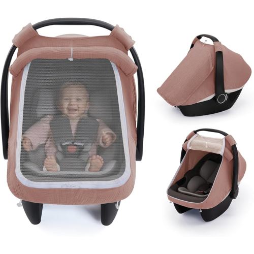 Blissful Diary Baby Car Seat Cover, Extra Large Mesh Window, Breathable Muslin Cotton, Infant Windproof Canopy-Dusty Pink