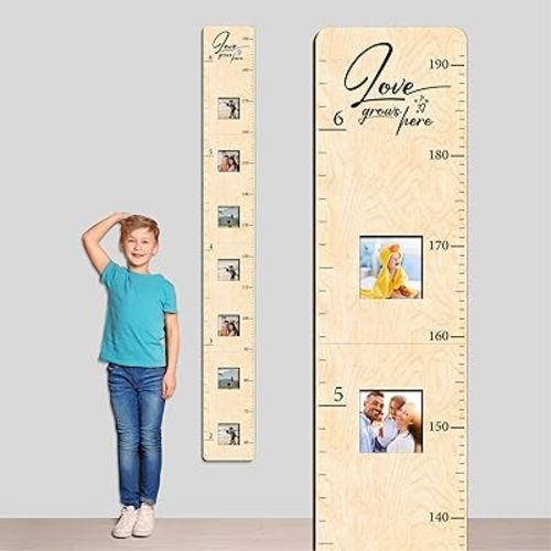 Wooden Growth Chart for Kids with Picture Frames, Boys, Girls | Height Growth Chart for Wall, Measuring Chart | Kids Bedroom, Playroom, Nursery Decor, Child's Room Wall Decoration