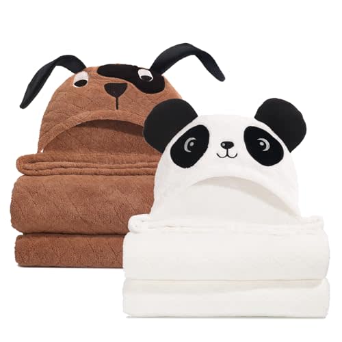 WODHOY Toddler Hooded Bath Towel, 50 x 32 Inches Large Toddler Bath Towel with Hood, 2 Pack Soft Absorbent Hooded Towels for Toddlers, Thick Hooded Towel for Baby 0-5 Years,White Panda Brown Puppy