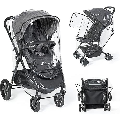 Universal Clear Stroller Rain Cover, No-zip Waterproof Stroller Cover - Food Grade EVA, Baby Travel Weather Shield, Breathable Rain Cover for Most Single Strollers, Joggers Accessories for Rain, Black