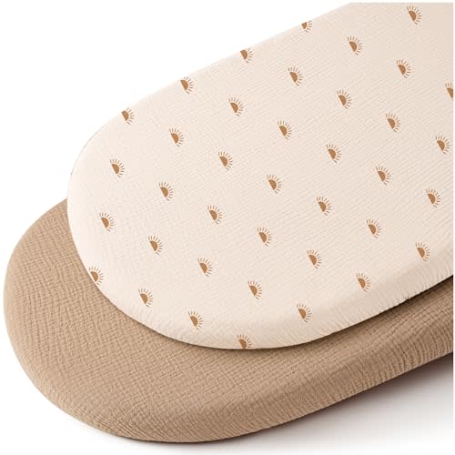 Konssy 2 Pack Soft Breathable Muslin Fitted Bassinet Sheets for Baby Girl Boy, Fit Oval Rectangle Cradle, Moses Basket Pad/Mattress (Camel, Sun)