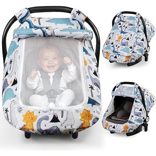 Elstey Car Seat Cover Baby, Minky Dot Carseat Covers Baby Girls, Lightweight Infant Car Seat Cover Canopy with 2 Layers Breathable Mesh Windows, Stroller Carrier for Babies Newborn Essentials