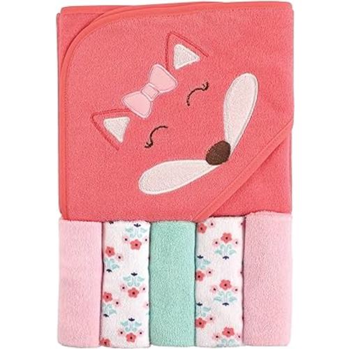 Luvable Friends Unisex Baby Hooded Towel with Five Washcloths, Cotton, Girl Fox, One Size
