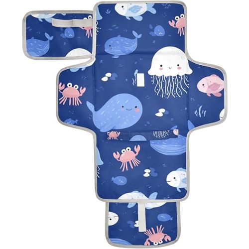 Portable Diaper Changing Pad Travel Baby Changing Mat Waterproof Diaper Changing Mat Foldable Lightweight Baby Changer with Built-in Pillow Bright Blue Crab Whale and Jellyfish