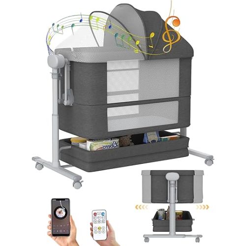 Electric Rocking Bassinet for Baby, 4 in 1 Baby Basinets Bedside Sleeper with Wheels, Automatic Bedside Bassinet with Remote Control, Crib in Bed Newborn with)5-speed height adjustment (Deep Grey)