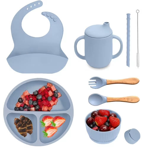 Silicone Baby Feeding Set, Suction Bowl, Divided Plate, Spoon, Fork, Bib, Sippy Cup, BPA Free, Blue