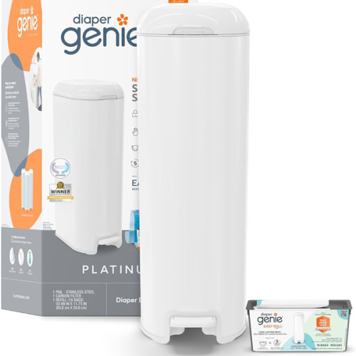 Diaper Genie Platinum Pail (Lily White) is Made in Durable Stainless Steel and Includes 1 Easy Roll Refill with 18 Bags That can Last up to 5 Months.