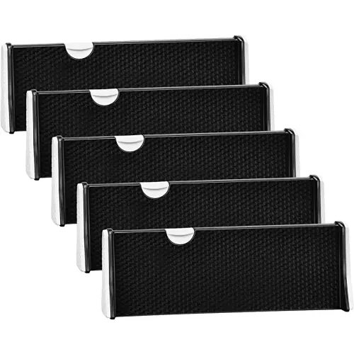 JONYJ Drawer Dividers Organizer 5 Pack, Adjustable Separators 4" High Expandable from 11-17" for Bedroom, Bathroom, Closet,Clothing, Office, Kitchen Storage, Strong Secure Hold, Foam Ends(Black)