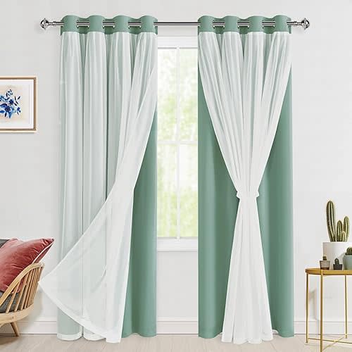 Hiasan Blackout Curtains with Sheer Overlay,Thermal Insulated Mix & Match Double Layer Room Darkening Curtains for Bedroom,Living Room,Nursery,2 Window Panels Sewn with Tiebacks,Light Sage,52W X 84L
