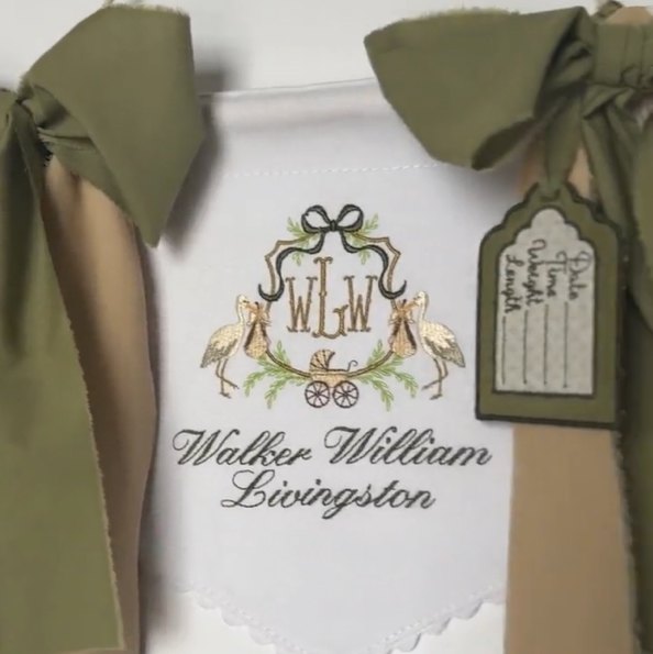 Embroidered Baby Birth Banner | Stork Crest, Personalized Nursery Decor, Hospital Door Hanger, Newborn Announcement Banner