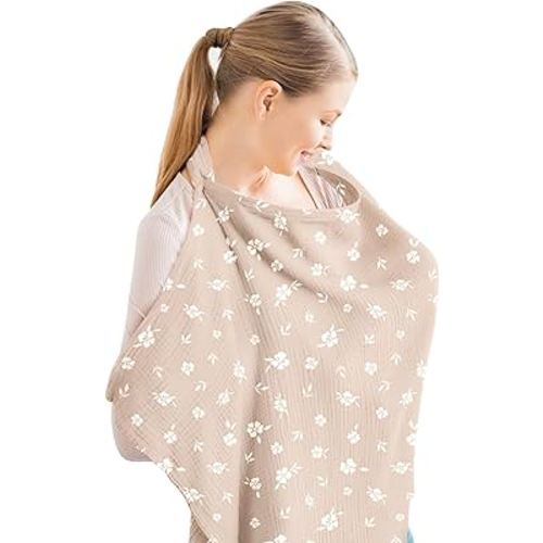 Konssy Muslin Nursing Cover for Baby Breastfeeding, Breathable 100% Cotton Breastfeeding Cover with Rigid Hoop for Mother Nursing Apron, Multi-use Carseat Canopy
