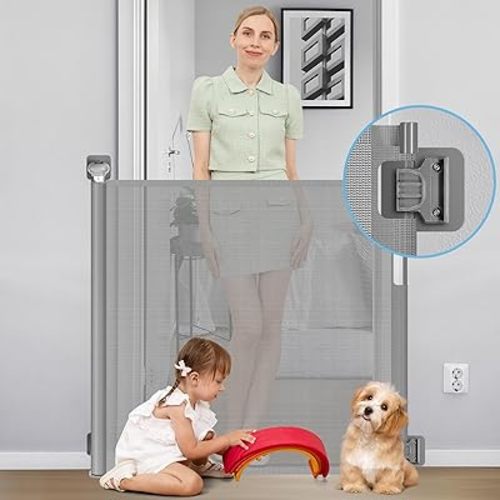 Retractable Baby Gates No Drilling 0"-39" Wide Punch Free Narrow Baby Gate for Stairs 33" Tall, Retractable Dog Gate for The House No Drill Mesh Pet Gates for Dogs No Drill Stair Gates, Gray