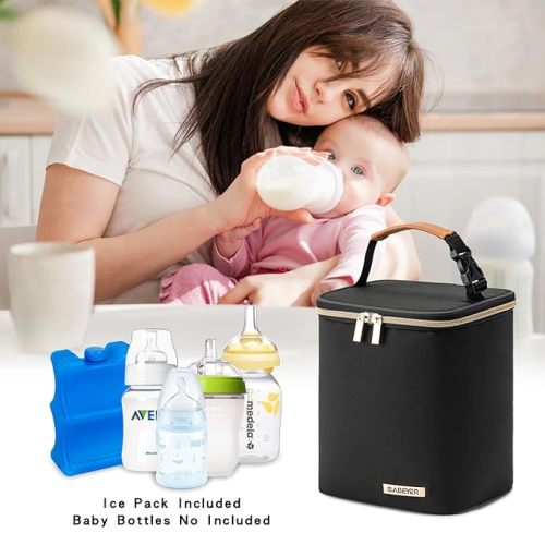 BABEYER Breastmilk Cooler Bag with Ice Pack Fits 4 Baby Bottles Up to 9 Ounce, Baby Bottle Cooler Bag Suitable for Nursing Mom Daycare, Black - Fits 9 OZ Baby Bottles