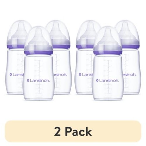 (2 pack) Lansinoh Anti-Colic Baby Bottles for Breastfeeding Babies, 8 fl oz, 3 Medium Flow Nipples