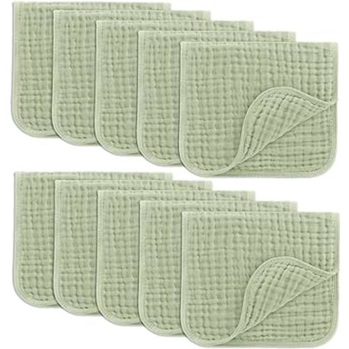 Comfy Cubs Muslin Burp Cloths Set Large 100% Cotton Hand Washcloths for Babies, Baby Essentials 6 Layers Extra Absorbent and Soft Boys & Girls Baby Bibs & Burp Cloths Set (Sage, 10-Pack, 20" X10")