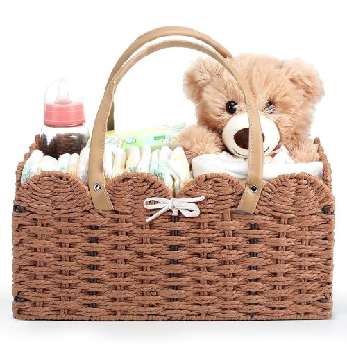 Wicker Diaper Caddy Organizer - Woven Paper Rope Storage Baskets Nursery Bin Scalloped Rattan Diaper Caddy Basket with Removable Divider for Baby Shower Newborn Nursery Storage