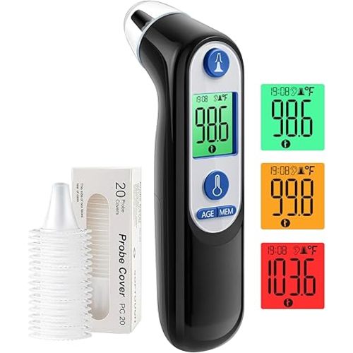 Ear Thermometer for Kids, Adults and Babies, FSA Eligible, Fever Alarm, Mute Mode, 30 Memory Recall with 21 Probe Covers - Fast Results & Easy to use, Life Time Support (Black)