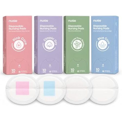 Nuliie 40 Count Disposable Nursing Pads, 4-Type Trial Pack, Soft & Absorbent Breast Pads for Leaking Milk, Ultra-Thin Leak Proof, Skin Friendly Nipple Pads, Breast Feeding Essentials for New Moms