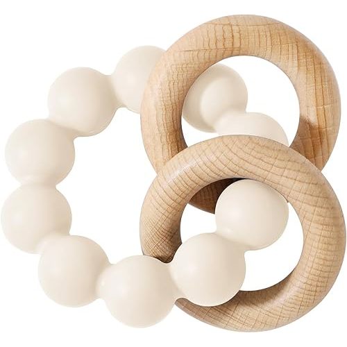 Socub Baby Teething Toys for 0-6 6-12 Months- BPA-Free Food-Grade Silicone & Natural Beech Wood Teether Ring for Newborn Infants Teething Relief- Easy-Grip Sensory Rattle Toys(Shifting Sand)