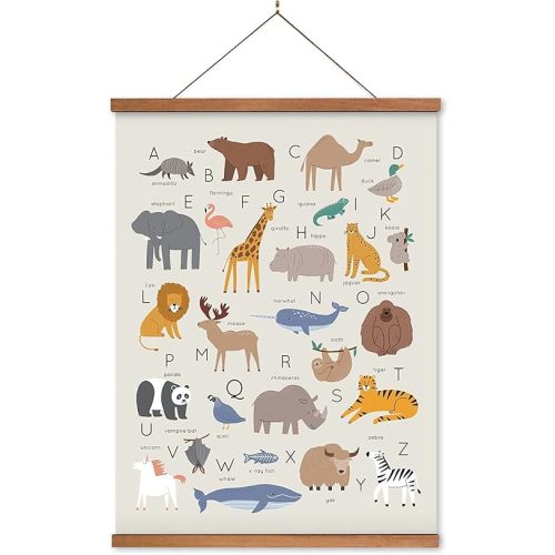 Lenny's World Animal Alphabet Poster on Linen Canvas with Teak Wooden Hanger (ABC Animals) Durable Ready to Hang Learning Poster for Babies and Kids