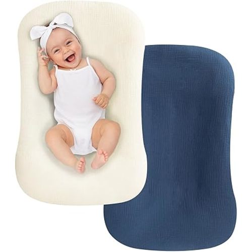 UBBCARE 2 Packs Muslin Baby Lounger Cover, Baby Nest Sleeper Cover for Baby Boys and Girls, Washable Slipcover Fit Infant Lounger, Organic Lounger Cover for Newborn - Beige&Blue