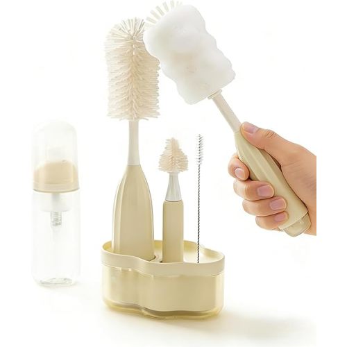 All-in-One Press-to-Foam Silicone Baby Bottle Cleaning Kit with Bottle Brush, Nipple/Straw Brushes, Tabletop Dring Rack, BPA Free for Baby Bottles, Breast Pumps,Small Appliances,Travel-Friendly