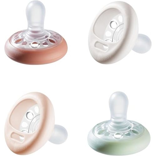 Tommee Tippee Breast-Like Pacifier, 0-6 Months, Symmetrical Design, Natural Breast-Like Baglet, BPA-Free Binkies, Rose/Green/Cream, Pack of 4