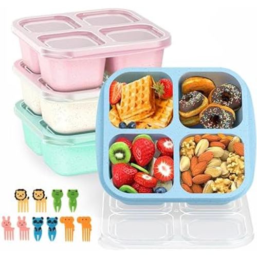 Bento Snack Boxes 4 Pack, Reusable Bento Boxes Kids with 4 Compartments & Fork, Lunch Snack Containers for Kids Adults, Divided Food Storage Containers for School Work Travel (Wheat)