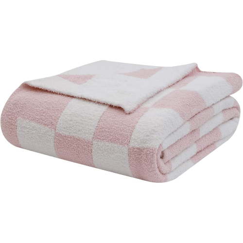 Fuzzy Checkerboard Grid Throw Blanket Knitted Soft Cozy Warm Microfiber Blanket Decor for Couch Sofa Bed Travel Home (Pink, 40''x50'')
