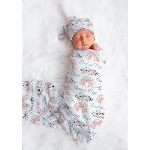 PINK RAINBOW SWADDLE Blanket, Personalized Floral Rainbow Blanket, Swaddle For Baby Girl, Rainbow Baby Name Blanket, Girl Baby Shower Gift