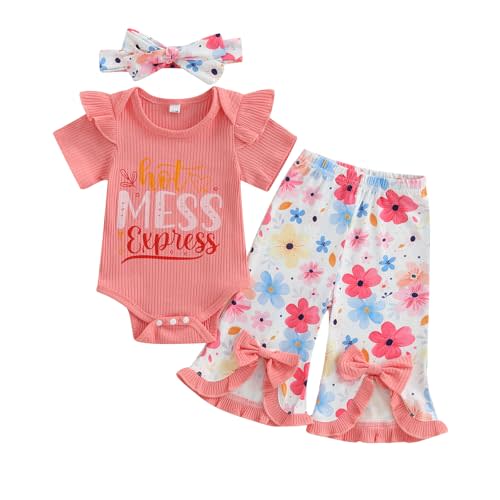 ZAXARRA Newborn Baby Girls Outfit Flying Sleeve Crew Neck Romper Floral Flared Pants Headband Cute Casual Clothes Set